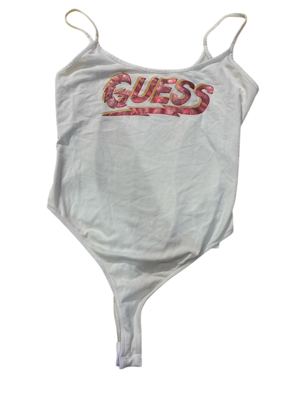 Guess White Spaghetti-Strap Bodysuit with Pink Floral Logo
